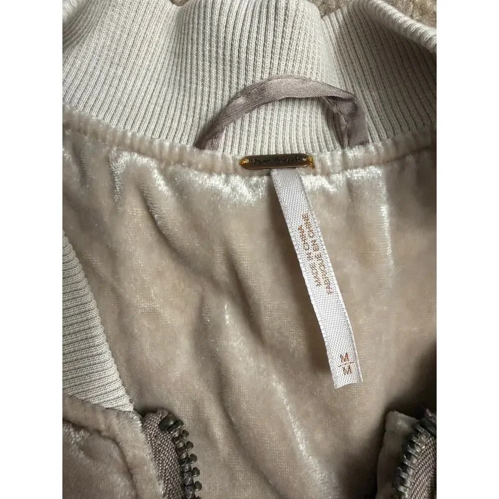 Free People Velvet Bomber Jacket Medium Ruched Champagne Sand Boho Luxe Festival